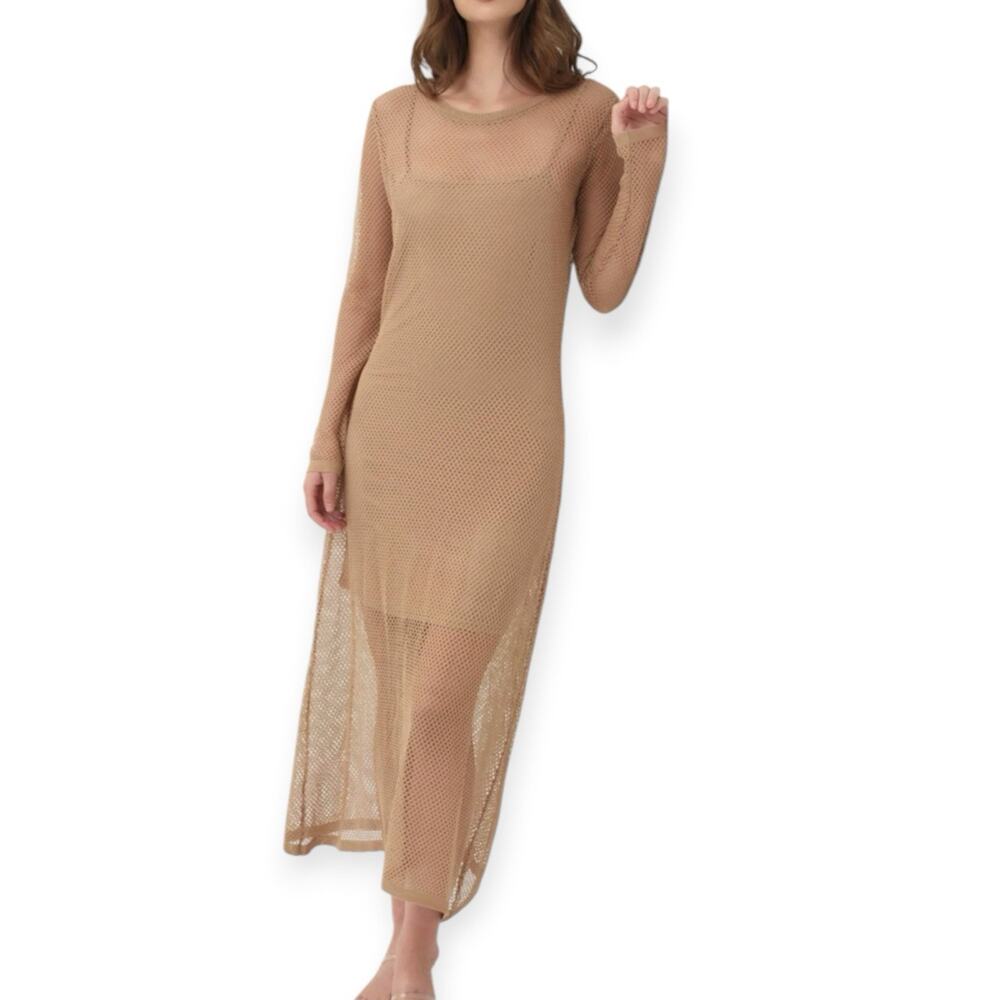 NWT Anatomie Ava Camel Open Knit Long Sleeve Maxi Dress Size Large
